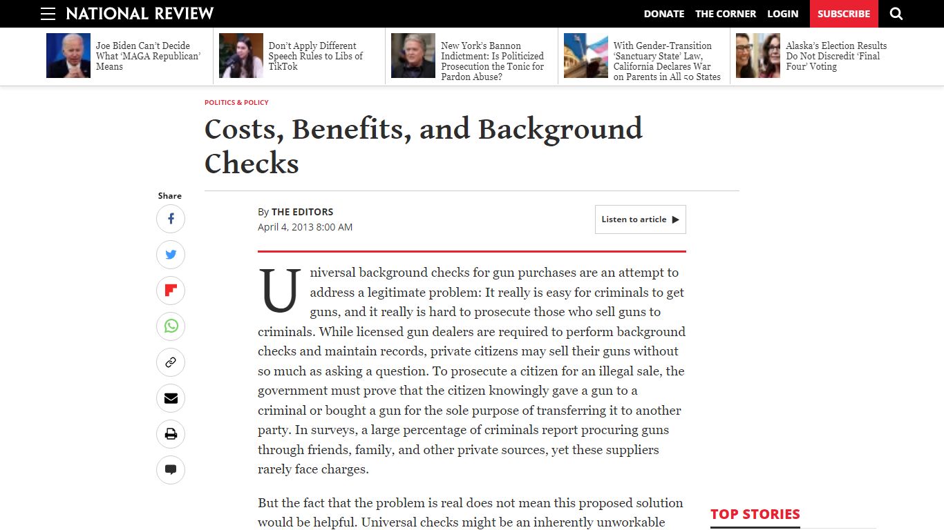 Costs, Benefits, and Background Checks | National Review